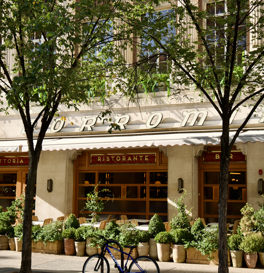 A historic restaurant with "Ristorante" sign, outdoor seating, and potted plants. Trees frame the scene, with a bicycle in the foreground.
